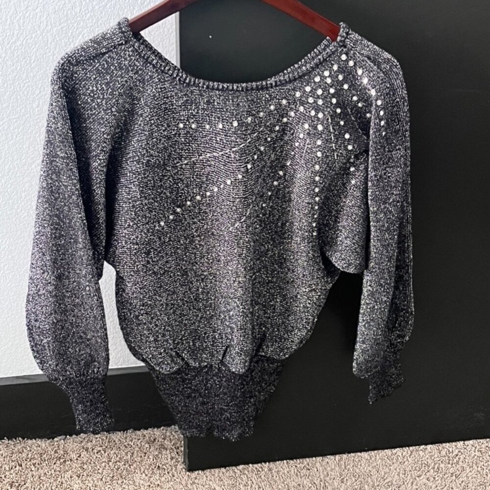 Vintage 1980s Black/Silver Metallic Sequin Starburst Dolman Sweater M - Picture 6 of 9